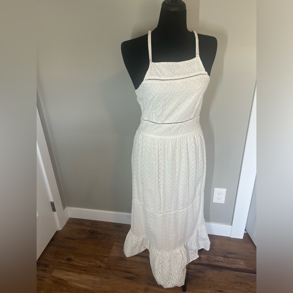 Dolan M White Maxi Halter Sundress Eyelet Swiss Dotted Lined Dress Boho Chic